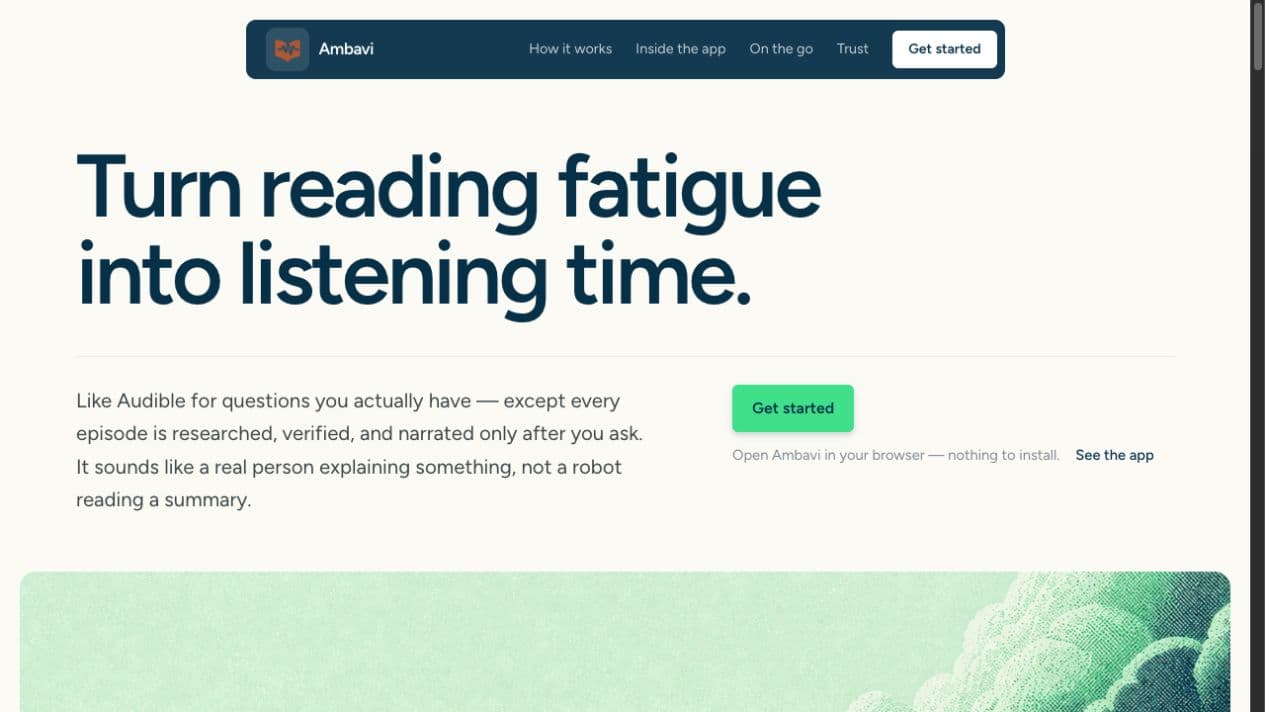 Ambavi website presenting its question-to-audio product in navy and green