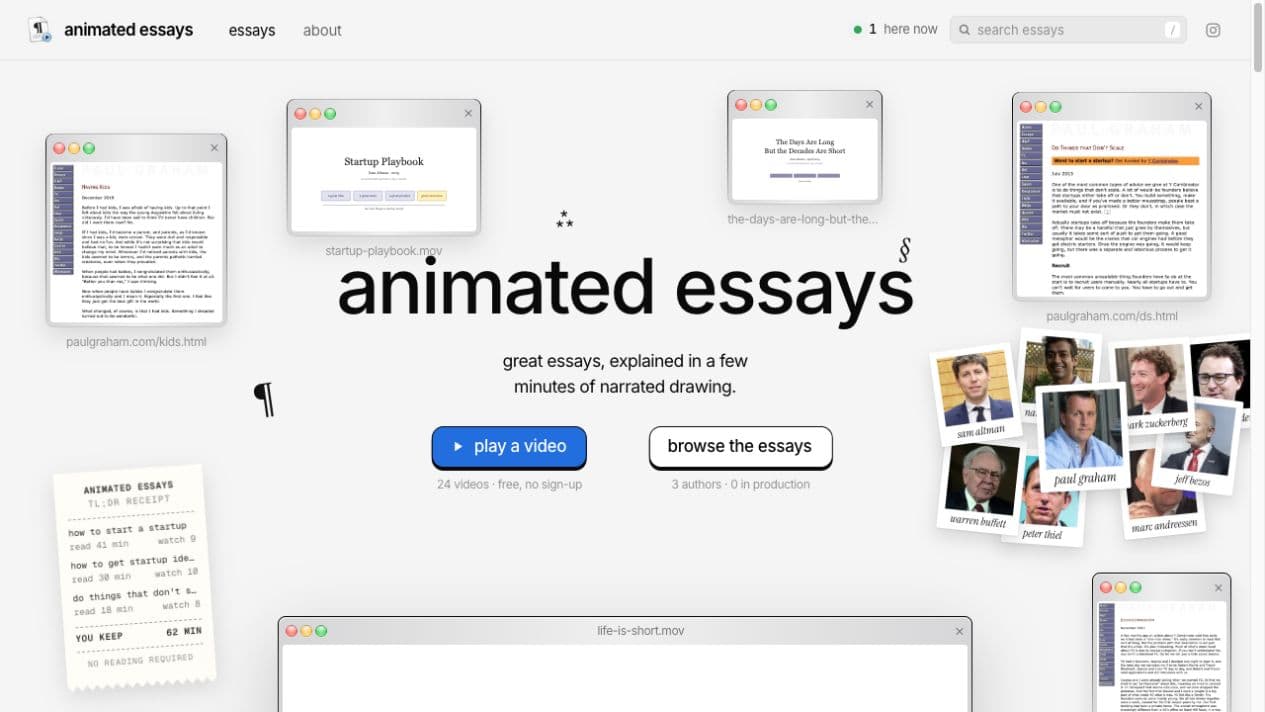 Animated Essays homepage with miniature browser windows, essay excerpts and author portraits