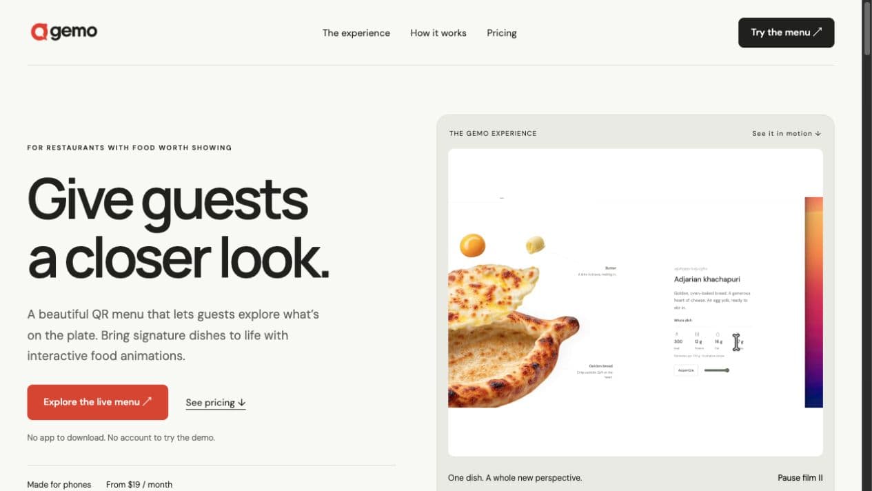 Gemo Menu website introducing an interactive QR menu with animated food components