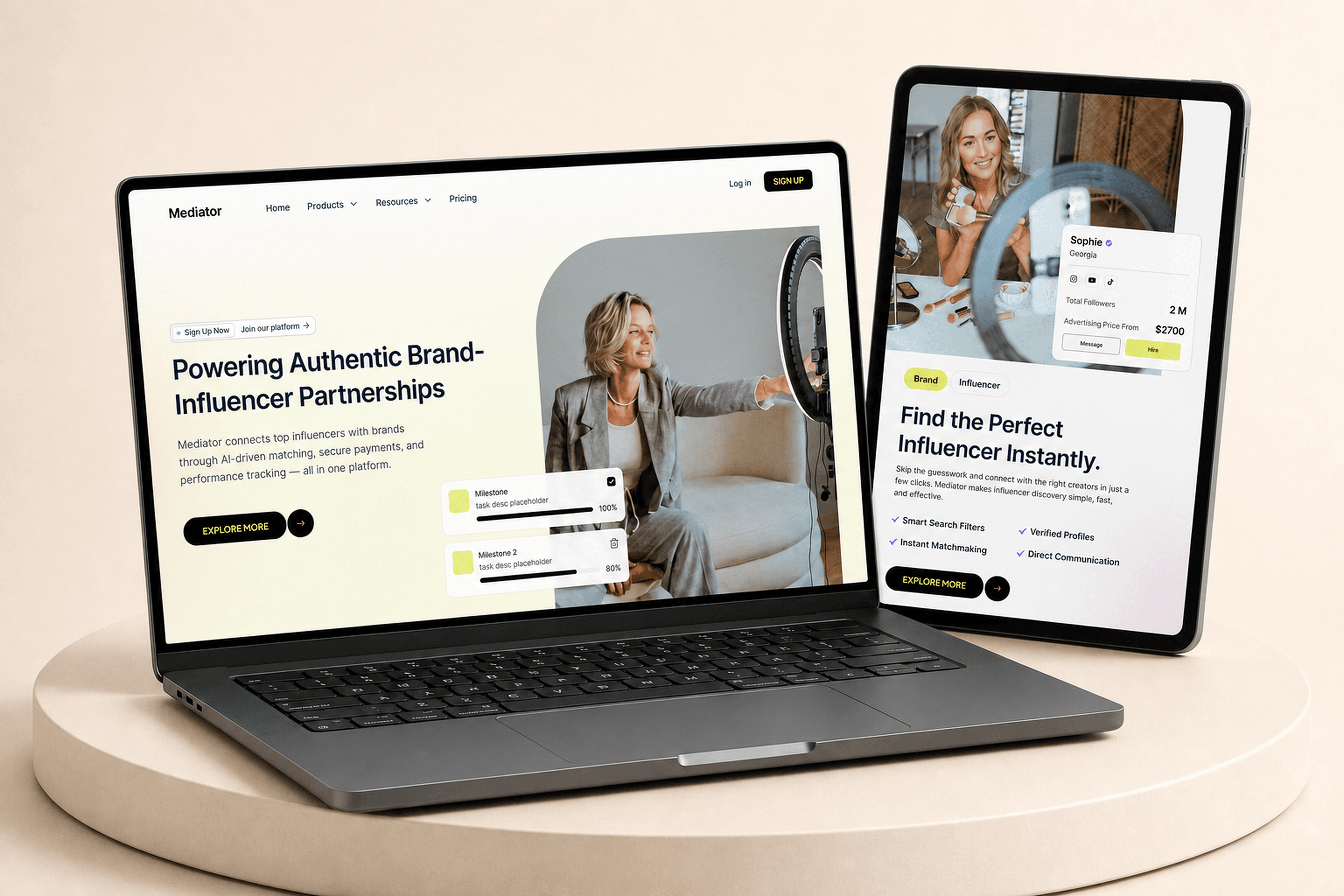 Mediator brand and influencer platform on a laptop and portrait tablet