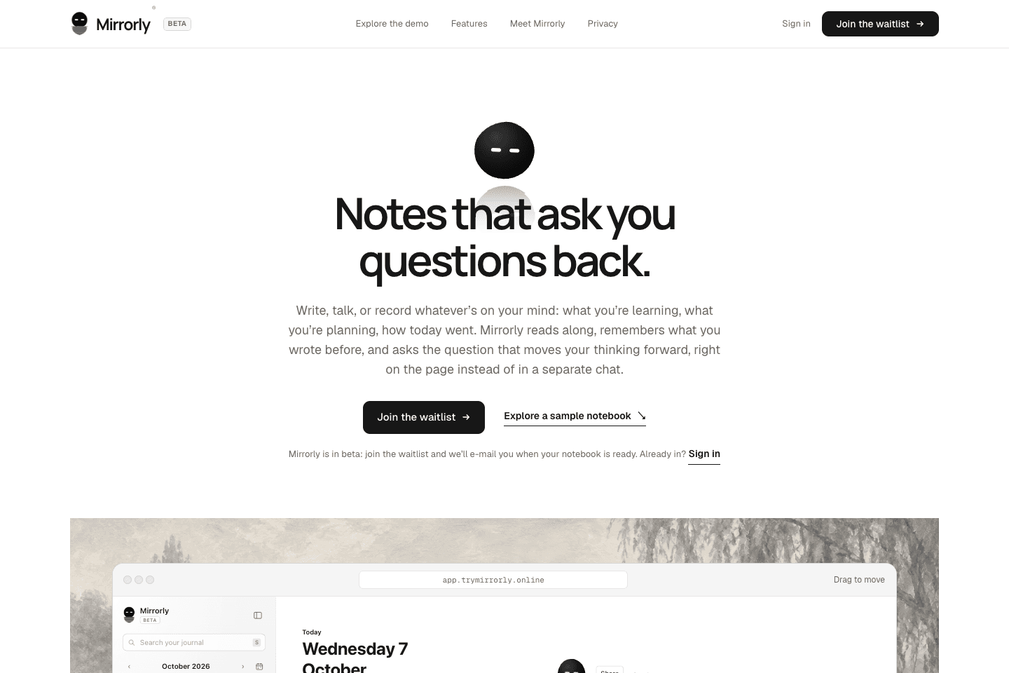 Mirrorly website introducing its AI notebook and reflection partner