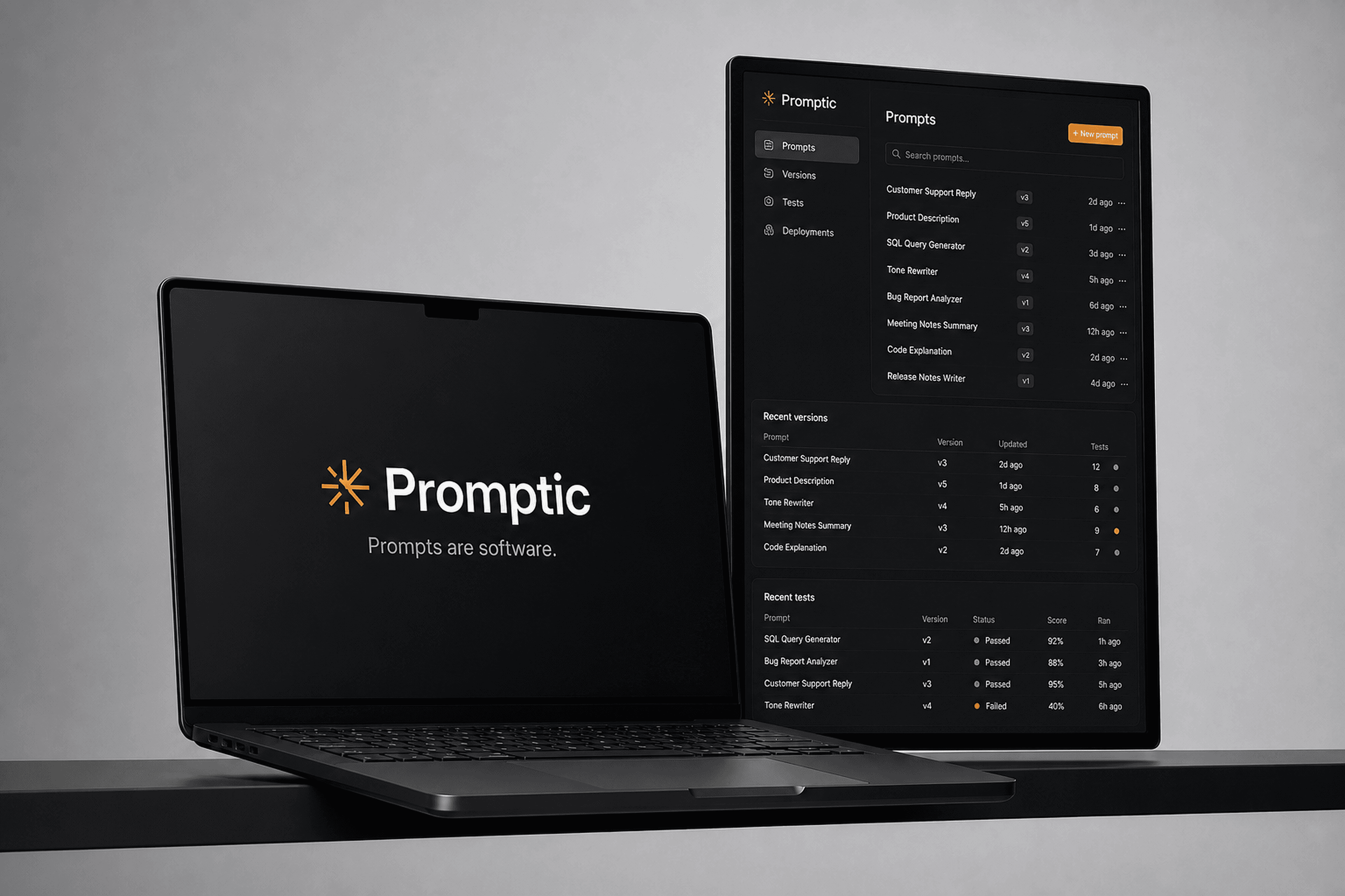 Promptic landing page and prompt management dashboard on a laptop and vertical display
