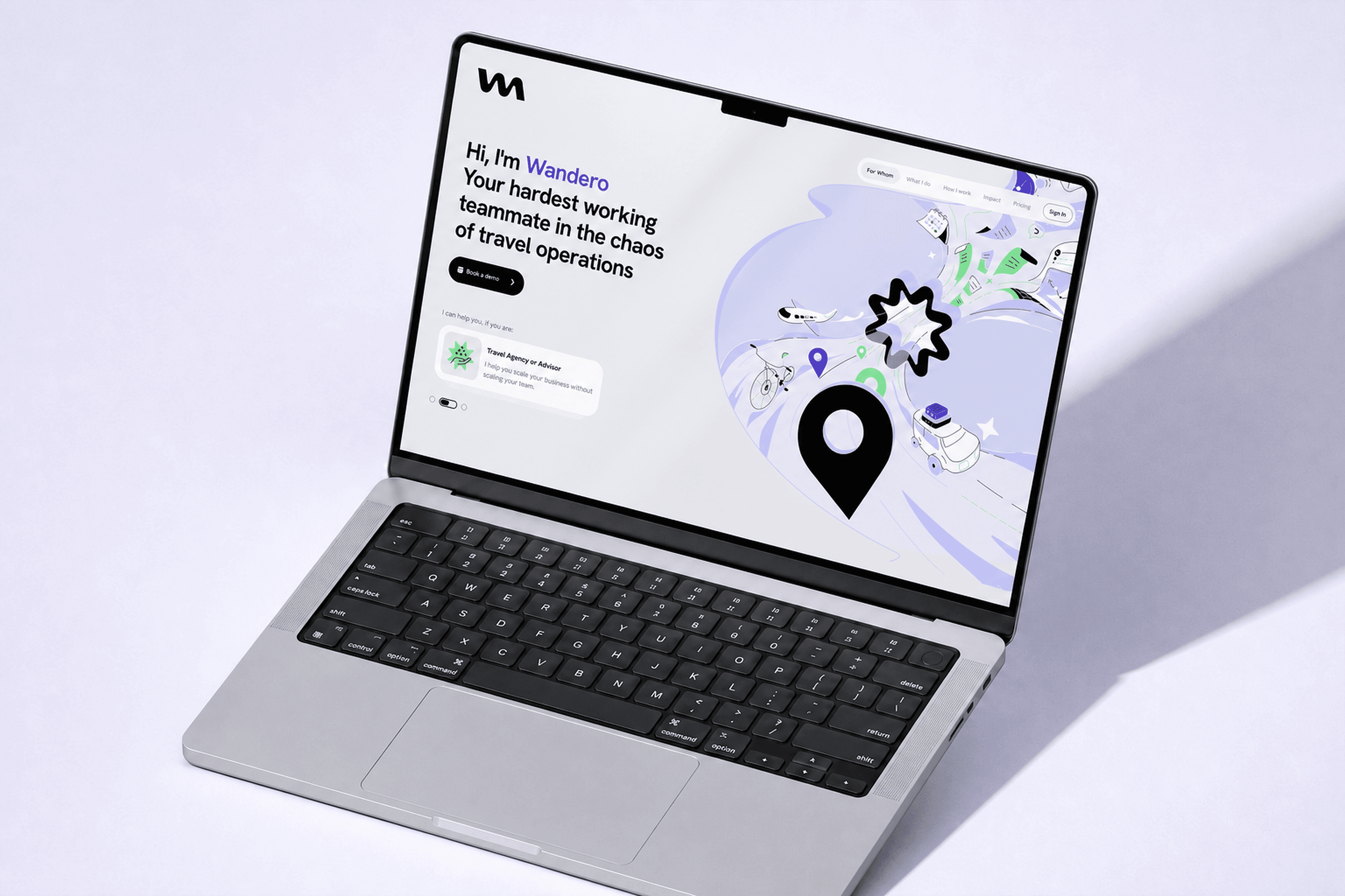 The Wandero.ai landing page on an angled studio laptop