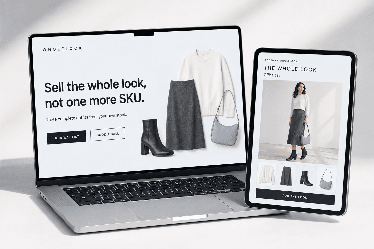Wholelook landing page and shoppable outfit concept in a laptop and tablet mockup