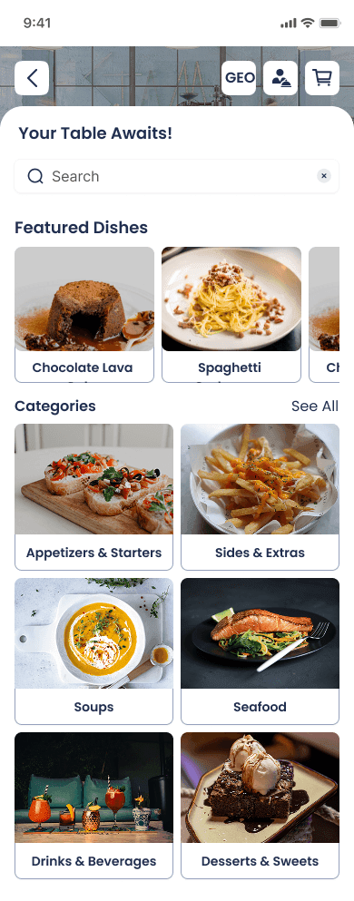 Guest ordering flow, opened from a QR code