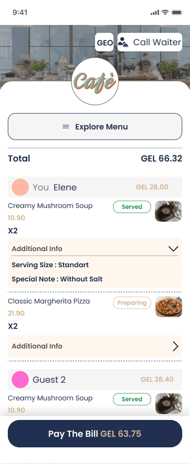 Waiter dashboard, tracking tables in real time