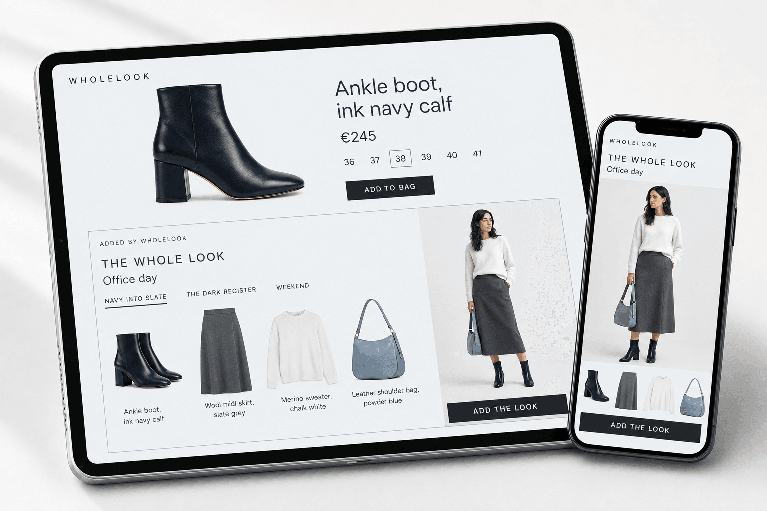 Wholelook product-page concept with a navy ankle boot and coordinated outfit on tablet and phone